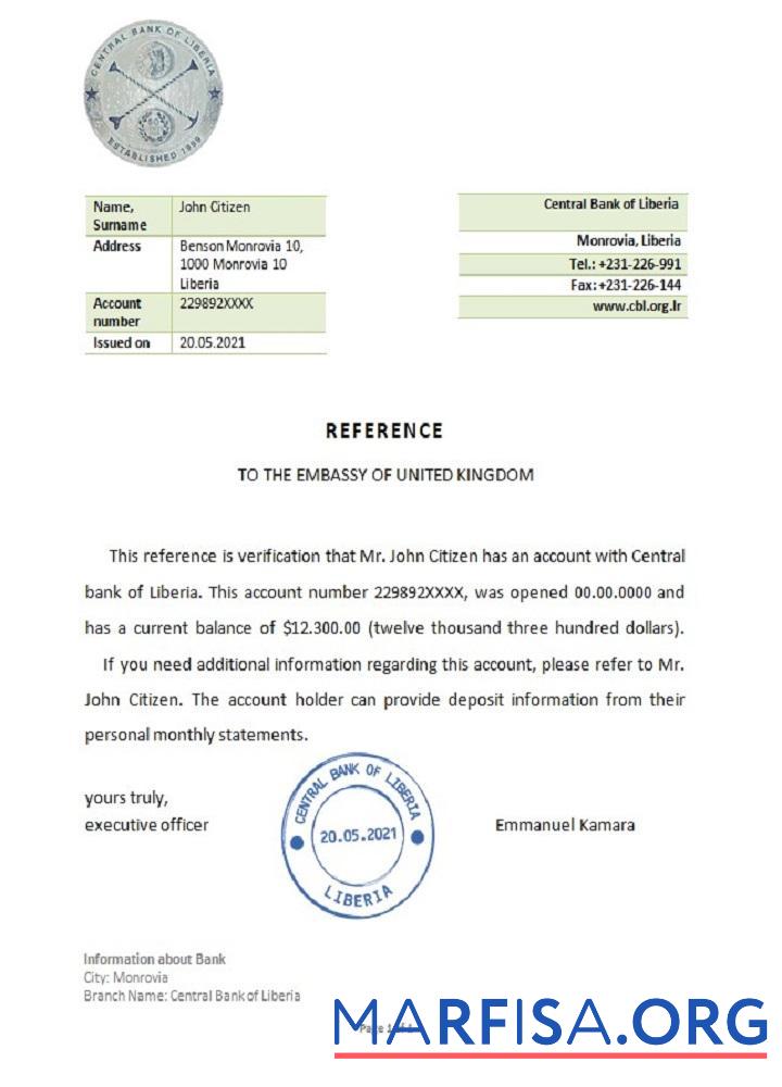 Blank Liberia Central Bank reference real example